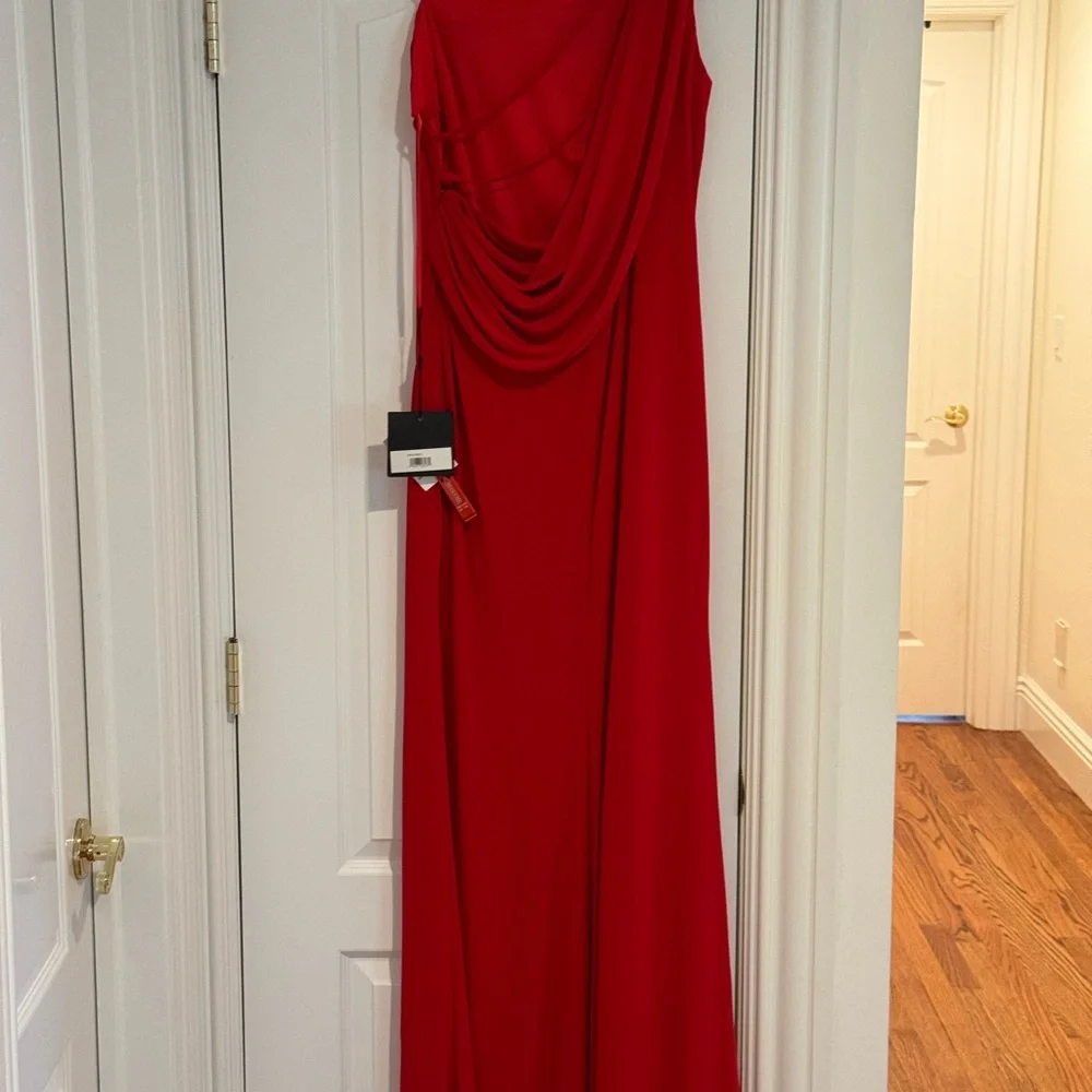 NWT Ieena for Mac Duggal Jersey One Shoulder Draped Back Gown Red Size 8 - Picture 4 of 10